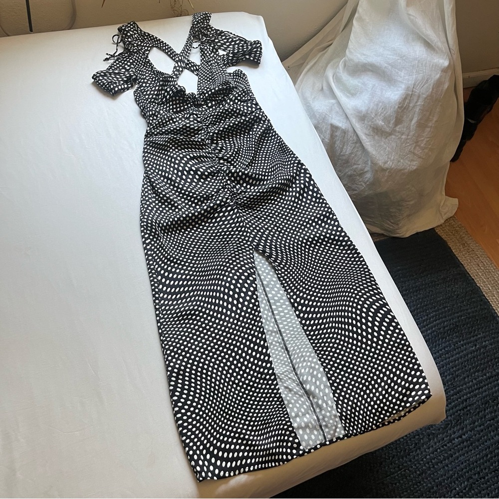 For Love And Lemons Black And White Polka Dot Ruched Sleeveless Tie Front Midi